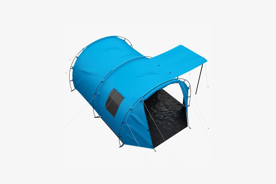 Blue dome tent with attached tarp_0056