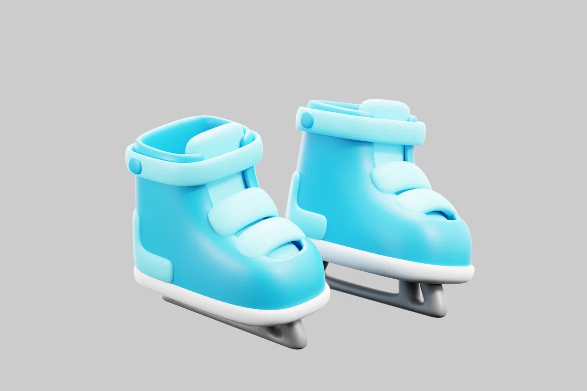 A pair of ice skates in light blue with white accents._0099