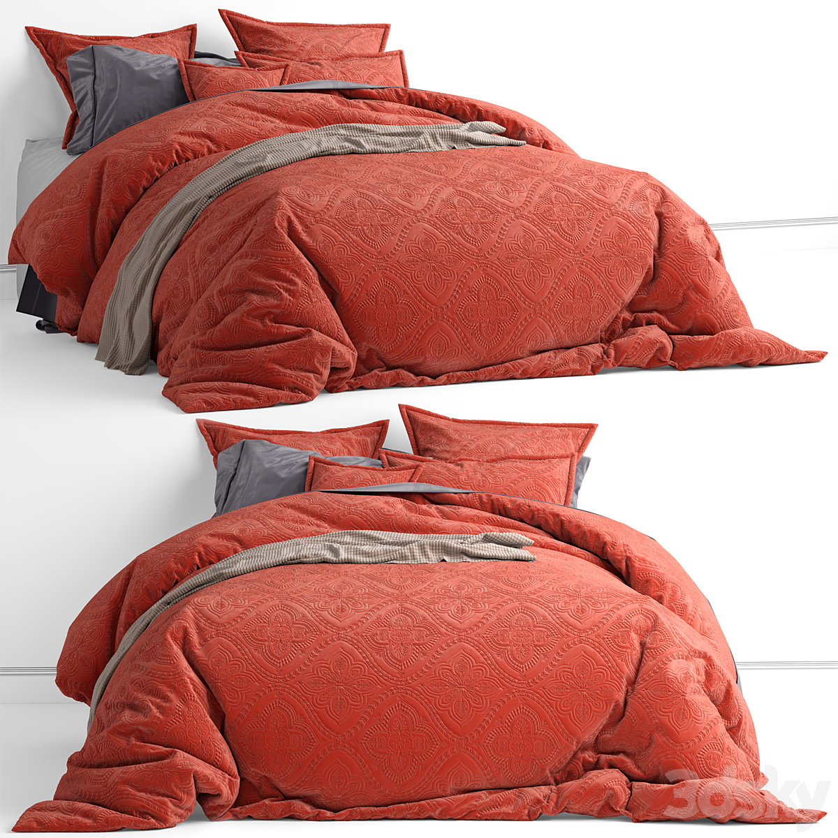 3D渲染的红色花纹床品套装_0008插图 3D渲染的红色花纹床品套装